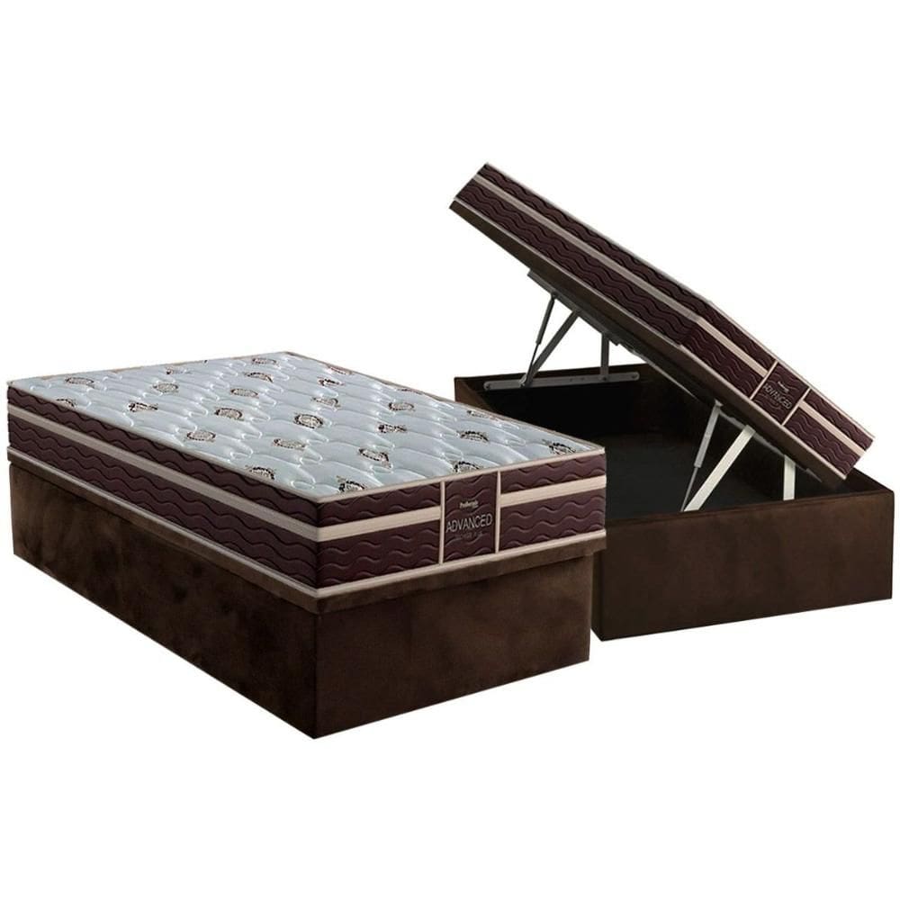 Cama Box Baú Solteiro: Colchão Espuma D33 Probel / Firmepedic ProDormir Advanced Tech1500 Plus Brown + Base CRC Suede Brown (88x188)