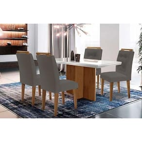 Conjunto: Mesa Sala Jantar Berlim c/ Tampo Madeirado c/ Vidro Canto Curvo 120x80cm e 4 Cadeiras Imperatriz Imbuia/Off White - Suede Grafite - Rufato