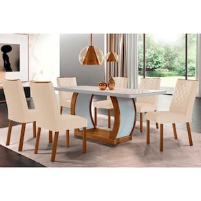 Conjunto: Mesa Sala Jantar Jade Tampo Madeirado c/ Vidro Canto Curvo 180x90 e 6 Cadeiras Jade Imbuia/Suede Creme - Rufato