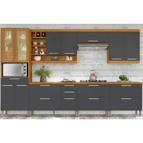 Cozinha Modulada Completa Burguesa Premium 7 Peças (3Aéreos+3Balcões+1Paneleiro) C6P58 Freijo/Grafite - Nesher