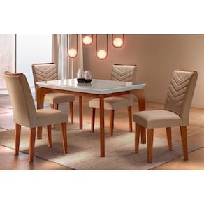 Conjunto: Mesa Sala Jantar Londrina c/ Tampo Madeirado c/ Vidro Canto Reto 120x80cm e 4 cadeiras Londrina Imbuia/Off White - Suede Capuccino - Rufato