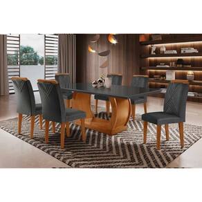 Conjunto: Mesa Sala Jantar Jade Tampo Madeirado c/ Vidro Curvo 180x90 e 6 Cadeiras Amsterdã Capuccino/Suede Grafite - Rufato