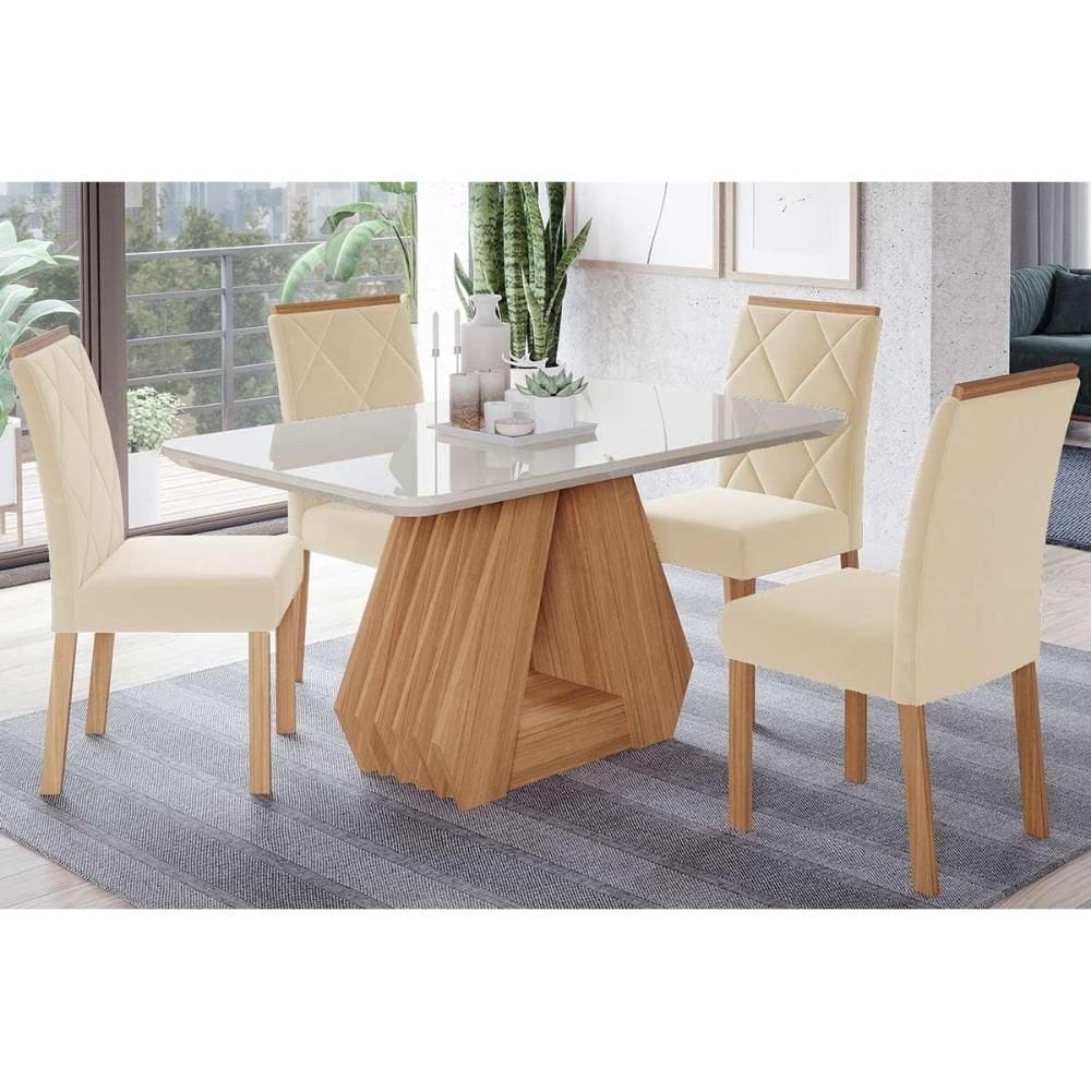 Conjunto: Mesa Sala Jantar Ágata Tampo Madeirado c/ Vidro 130x80cm e 4 Cadeiras Fernanda Savana-Madeirado/Suede Nude Bege - Cimol