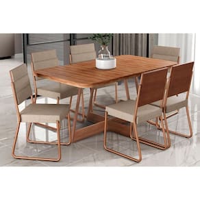 Conjunto: Mesa Sala Jantar Átria 1592 Aço c/ Tampo Madeirado 160x90cm e 6 Cadeiras 1736 Rose/Freijo/Nogal - Rose/Areia - Caramelo - Carraro