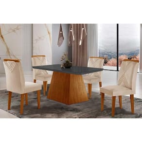 Conjunto: Mesa Sala Jantar Luna Tampo Madeirado c/ Vidro Canto Curvo 120x80 e 4 Cadeiras Amsterdã Imbuia/Suede Creme - Rufato