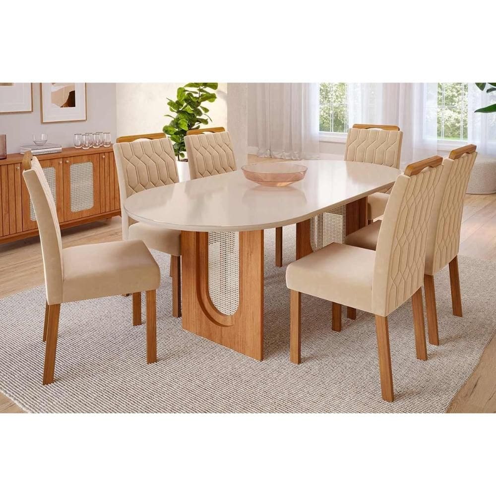 Conjunto: Mesa Sala Jantar Valentina Tampo Madeirado Oval c/ Vidro 210x100cm e 6 Cadeiras Paola Cinamomo/Off White - Savana/Nature-Suede Nude - Cimol
