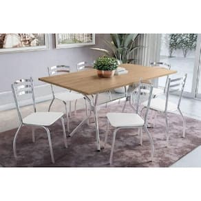 Conjunto: Mesa Sala Jantar Loire c/ Tampo de Madeira 160cm e 6 Cadeiras Portugal Cromada/Nogueira - Courano Branco - Kappesberg