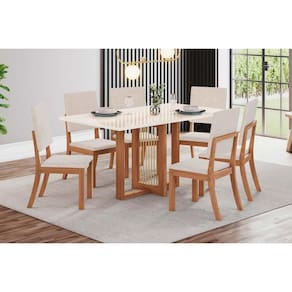 Conjunto: Mesa Sala Jantar Natalí c/ Tampo Madeirado c/ Vidro Reto 160x90cm e 6 Cadeiras Milla Nature/Suede Light Linho - Henn