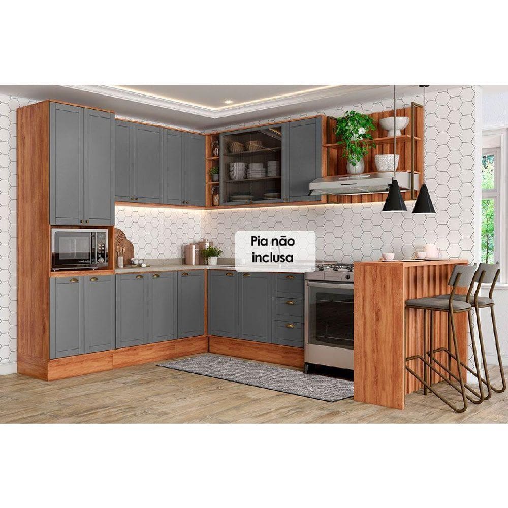 Cozinha Modulada Completa Bella 9 Peças (3Aéreos+3Balcões+1TorreQuente+1Ilha+1Complemento) C9P200 Nogal/Cinza - Carraro