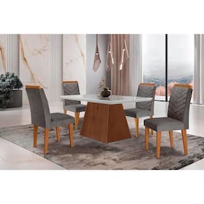 Conjunto: Mesa Sala Jantar Luna c/ Tampo Madeirado c/ Vidro Canto Curvo 120x80cm e 4 cadeiras Londrina Imbuia/Off White - Linho Grafite - Rufato