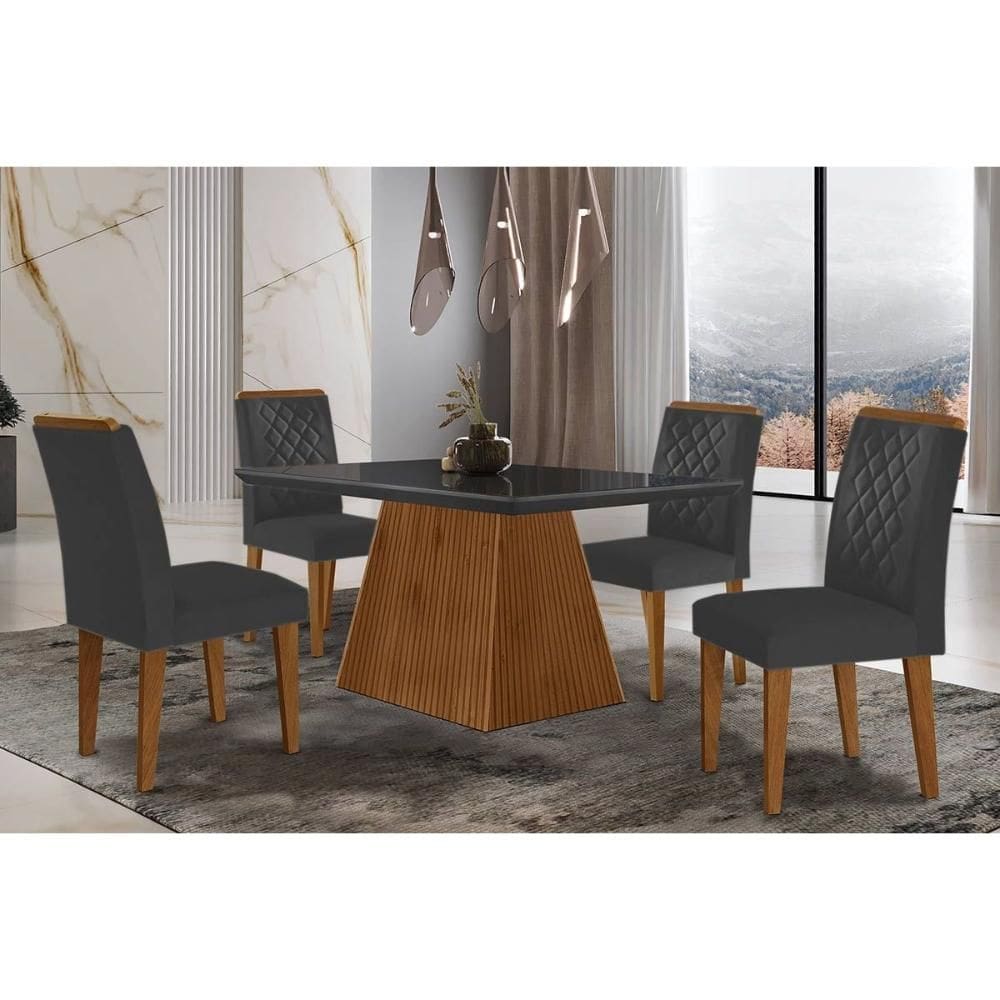 Conjunto: Mesa Sala Jantar Luna c/ Tampo Madeirado c/ Vidro Canto Curvo 120x80cm e 4 cadeiras Jade Imbuia/Grafite - Suede Grafite - Rufato