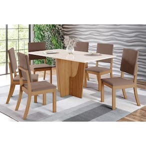 Conjunto: Mesa Sala Jantar Vértice Tampo Madeirado c/ Vidro 160x80cm e 6 Cadeiras Milla Nature/Suede Light Marrom Amendoa - Henn