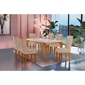 Conjunto: Mesa Sala Jantar Londrina Tampo Madeirado c/ Vidro Curvo 180x90cm e 6 Cadeiras Londrina Capuccino/Suede Creme - Rufato