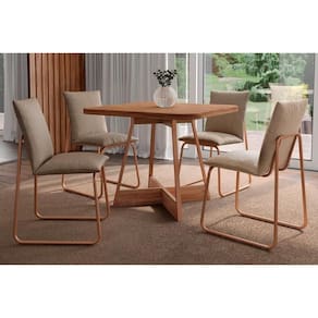 Conjunto: Mesa Sala Jantar Átria 1593 Aço c/ Tampo Madeirado 90x90cm e 4 Cadeiras Soft Rose/Freijó/Nogal - Rose/Areia - Carraro