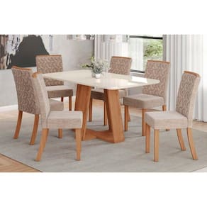 Conjunto: Mesa Sala Jantar Lins c/ Tampo Madeirado c/ Vidro Curvo 160x90cm e 6 Cadeiras Esther Nature/Linho Creme - Henn