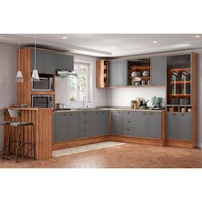 Cozinha Modulada Completa Bella 11 Peças (3Aéreos+4Balcões+1Paneleiro+1Cristaleira+1Ilha+1Complemento) C11P59 Nogal/Cinza - Carraro