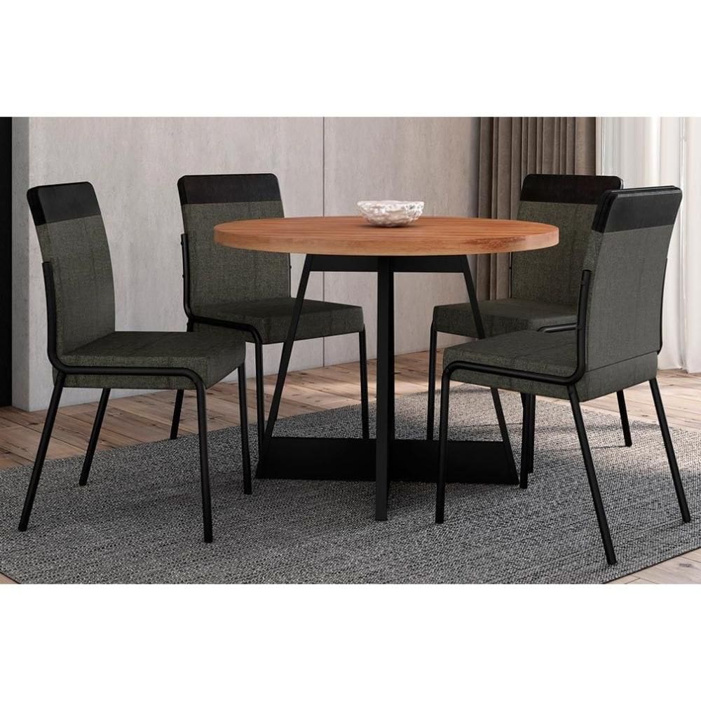 Conjunto: Mesa Sala Jantar Átria 1594 Aço c/ Tampo Madeirado 100cm e 4 Cadeiras Duo Preto/Nogal - Preto/Grafite - Preto - Carraro