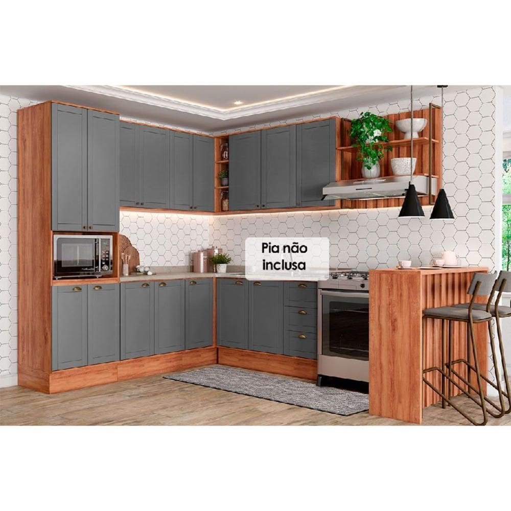 Cozinha Modulada Completa Bella 9 Peças (3Aéreos+3Balcões+1TorreQuente+1Ilha+1Complemento) C9P199 Nogal/Cinza - Carraro