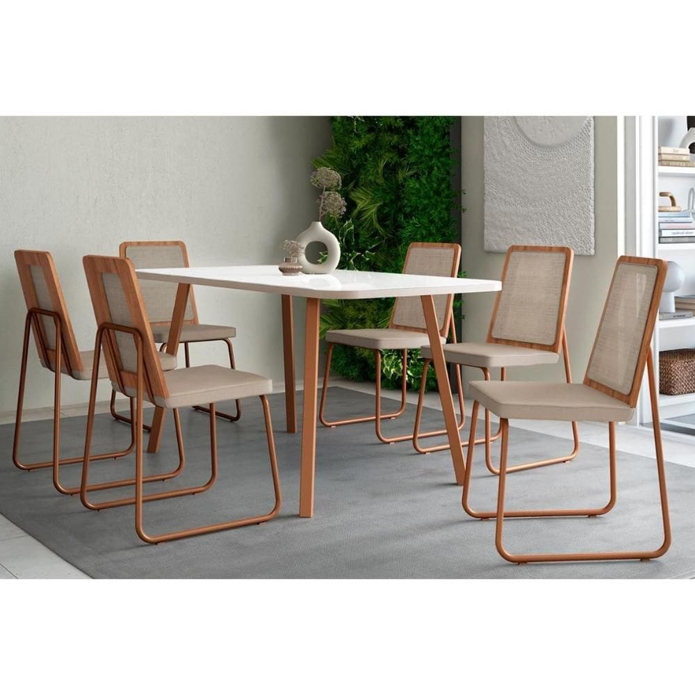 Cozinha Completa Ariel Maior 1601 Tampo Madeirado c/ Vidro 160x80cm e 6 Cadeiras Wood Rose/Gelo/Off White - Rose/Freijo Tela/Linho - Carraro