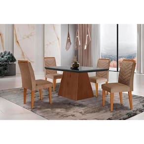 Conjunto: Mesa Sala Jantar Luna c/ Tampo Madeirado Vidro Canto Curvo 120x80cm e 4 cadeiras Londrina Imbuia/Grafite - Suede Capuccino - Rufato