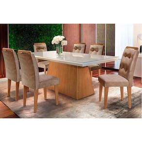 Conjunto: Mesa Sala Jantar Luna c/ Tampo de Vidro Canto Curvo 180x90cm e 6 cadeiras Imperatriz Imbuia/Off White - Suede Capuccino - Rufato