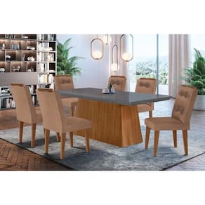 Conjunto: Mesa Sala Jantar Luna c/ Tampo de Vidro Canto Curvo 180x90cm e 6 cadeiras Imperatriz Imbuia/Grafite - Suede Capuccino - Rufato