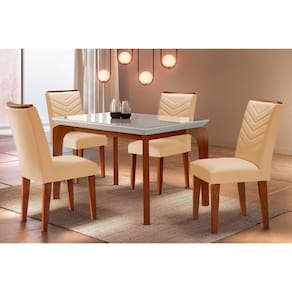 Conjunto: Mesa Sala Jantar Londrina c/ Tampo Madeirado c/ Vidro Canto Curvo 120x80cm e 4 cadeiras Londrina Imbuia/Off White - Suede Creme - Rufato