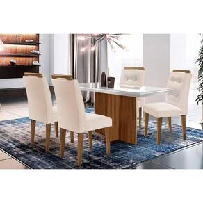 Conjunto: Mesa Sala Jantar Berlim c/ Tampo Madeirado c/ Vidro Canto Curvo 120x80cm e 4 Cadeiras Imperatriz Imbuia/Off White - Suede Creme - Rufato