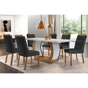 Conjunto: Mesa Sala Jantar Jade Tampo Madeirado c/ Vidro Canto Curvo 180x90 e 6 Cadeiras Imperatriz Imbuia/Off White - Suede Grafite - Rufato
