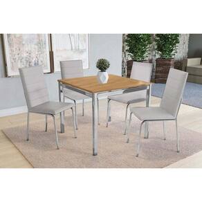 Conjunto: Mesa Sala Jantar Reno c/ Tampo de Madeira 90cm e 4 Cadeiras Amsterdã Cromada/Nogueira - Courano Branco - Kappesberg