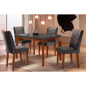 Conjunto: Mesa Sala Jantar Londrina Tampo Madeirado c/ Vidro 120x80cm e 4 Cadeiras Londrina Imbuia/Grafite - Rufato