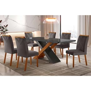 Conjunto: Mesa Sala Jantar Imperatriz Tampo Madeirado c/ Vidro Curvo 180x90 e 6 Cadeiras Amsterdã Capuccino/Suede Grafite - Rufato