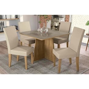 Conjunto: Mesa de Cozinha Lótus Tampo Madeirado c/ Vidro 105x105cm e 4 Cadeiras 2CAD131 Freijo/Vidro Bronze - Linho Bege - Kappesberg