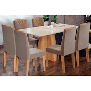 Conjunto: Mesa Sala Jantar Patricia c/ Tampo Madeirado c/ Vidro Canto Reto 160x80cm e 6 Cadeiras Nicole Nature/Suede Joli Chocolate - Cimol