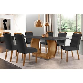 Conjunto: Mesa Sala Jantar Jade Tampo Madeirado c/ Vidro Canto Curvo 180x90 e 6 Cadeiras Imperatriz Imbuia/Grafite - Suede Grafite - Rufato