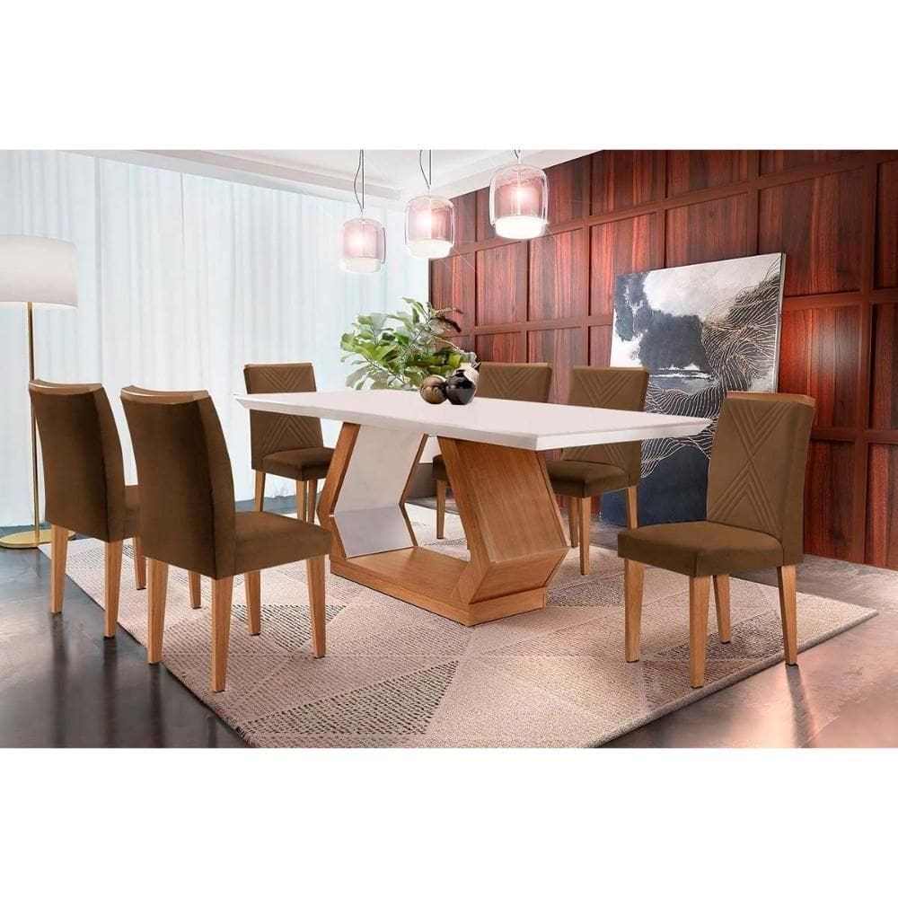 Conjunto: Mesa Sala Jantar Alvorada c/ Tampo Madeirado Canto Reto 180x90cm e 6 Cadeiras Amsterdã Imbuia/Off White - Suede Marrom - Rufato