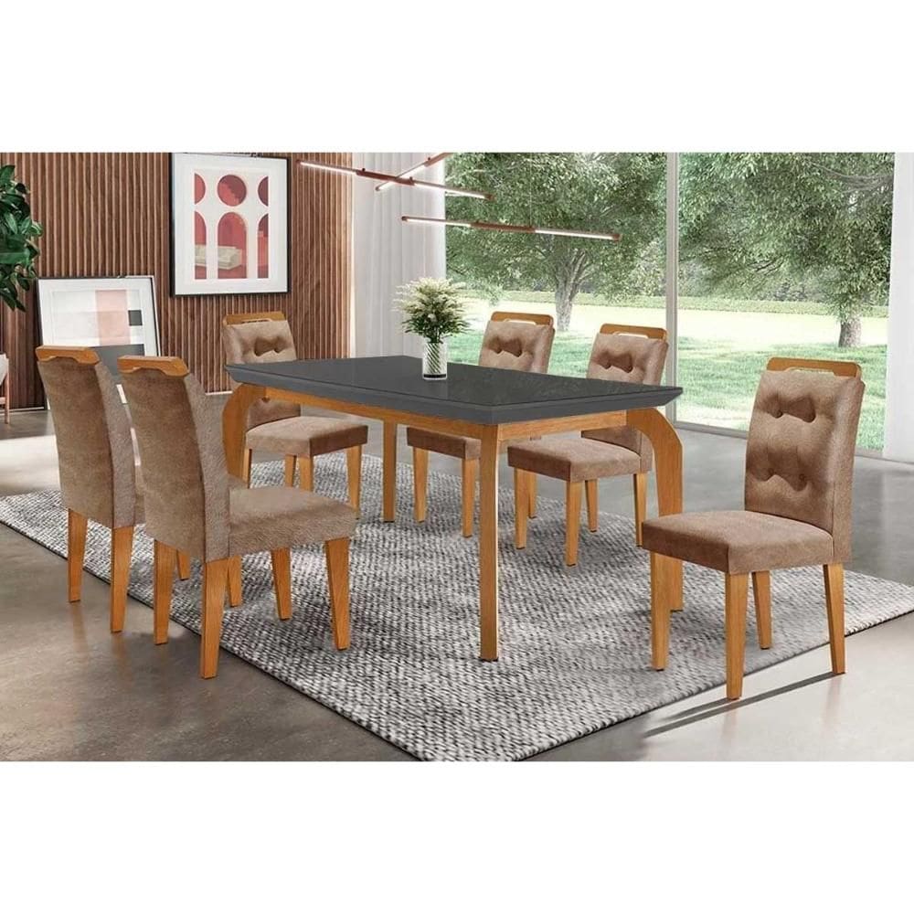 Conjunto: Mesa Sala Jantar Londrina c/ Tampo Madeirado c/ Vidro Canto Curvo 180x90cm e 6 cadeiras Imperatriz Imbuia/Grafite - Suede Capuccino - Rufato