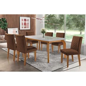 Conjunto: Mesa Sala Jantar Londrina c/ Tampo Madeirado c/ Vidro Canto Curvo 180x90cm e 6 cadeiras Jade Imbuia/Off White - Suede Marrom - Rufato