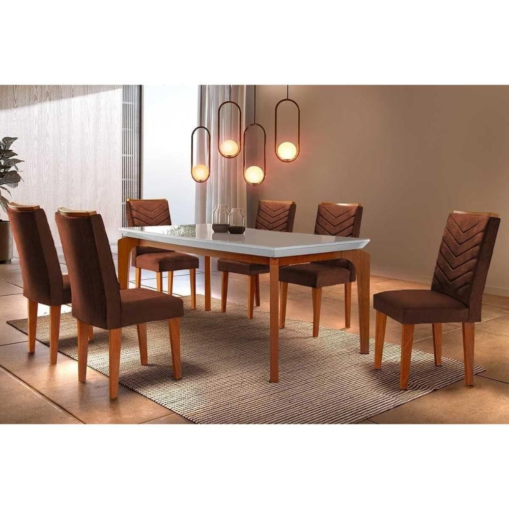 Conjunto: Mesa Sala Jantar Londrina Tampo Madeirado c/ Vidro Reto 180x90 e 6 Cadeiras Londrina Imbuia-Capuccino/Suede Marrom - Rufato
