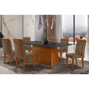 Conjunto: Mesa Sala Jantar Luna Tampo Madeirado c/ Vidro Canto Reto 180x90 e 6 Cadeiras Amsterdã Imbuia/Suede Capuccino - Rufato