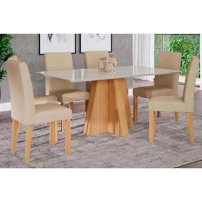 Conjunto: Mesa Sala Jantar Patricia c/ Tampo Madeirado c/ Vidro Canto Reto 160x80m e 6 Cadeiras Maia Cinamomo/Suede Gengibre Bege - Cimol