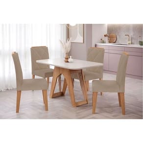 Conjunto: Mesa Sala Jantar Carol Tampo Madeirado c/ Vidro 130x80cm e 4 Cadeiras Fernanda Madeirado/Suede Joli Capuccino - Cimol