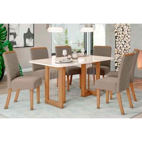 Conjunto: Mesa Sala Jantar Yara c/ Tampo Madeirado c/ Vidro Reto 160x90cm e 6 Cadeiras Malu Nature/Suede Light Marrom Amendoa - Henn