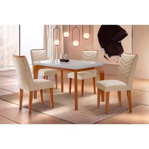 Conjunto: Mesa Sala Jantar Londrina Tampo Madeirado c/ Vidro Curvo 120x80cm e 4 Cadeiras Londrina Capuccino/Suede Creme - Rufato