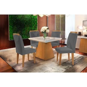 Conjunto: Mesa Sala Jantar Luna c/ Tampo Madeirado c/ Vidro Canto Curvo 90x90cm e 4 cadeiras Amsterdã Imbuia/Off White - Linho Grafite - Rufato