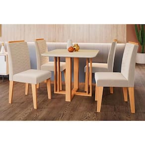 Conjunto: Mesa Sala Jantar Flora c/ Tampo Madeirado c/ Vidro 95x95cm e 4 Cadeiras Clarice Savana-Nature-Madeirado/Suede Nude Bege - Cimol