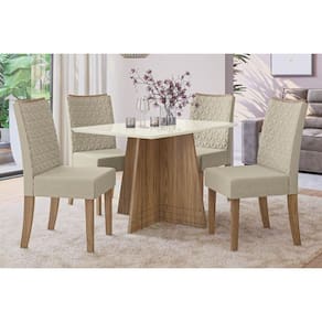 Conjunto: Mesa Sala Jantar Lótus Tampo Madeirado c/ Vidro 80x120cm e 4 Cadeiras 2CAD129 Nogueira/Off White/Vidro Off White - Linho Beg - Kappesberg