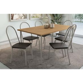 Conjunto: Mesa de Cozinha Sena Tampo Madeirado 90x160cm e 6 Cadeiras Noruega Niquel/Nogueira - Preto - Kappesberg