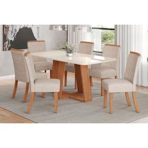 Conjunto: Mesa Sala Jantar Lins c/ Tampo Madeirado c/ Vidro Curvo 180x90cm e 6 Cadeiras Malu Nature/Linho - Henn