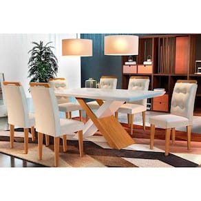 Kit 6 Cadeiras Sala Jantar Imperatriz Tampo Madeirado c/ Vidro Reto 180x90 e 6 Cadeiras Imperatriz Imbuia/Suede Creme - Rufato